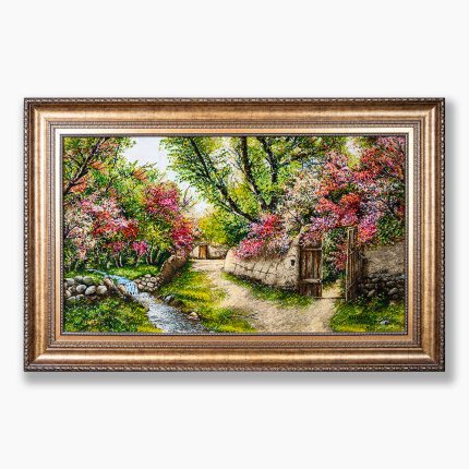 تابلو فرش دستبافت طرح منظره کوچه باغ بهار کد 7412510